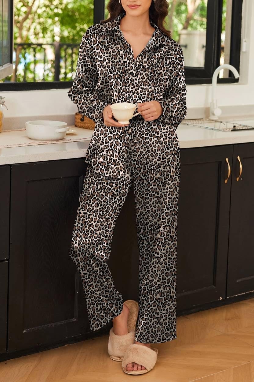 Ekouaer Women's Satin Pajama Set - Soft Silky 2-Piece Print PJs | Button Down Sleepwear with Elastic Waist Long Pants
