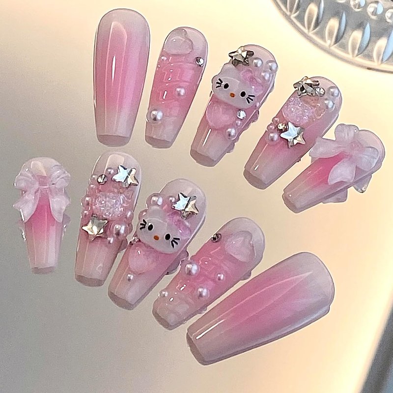 Press On Nails - 24 Pcs Long Kawaii Light Pink Gel Nails for DIY Manicure | Perfect for Girls