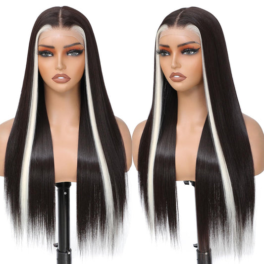 TAGUO Glueless 7x5 Lace Front Wig for Women Skunk Stripe Wig Synthetic Lace Wig Pre Plucked HD Lace Straight Wig Ready to Wear Long Straight Black and Blonde Wig 26inch