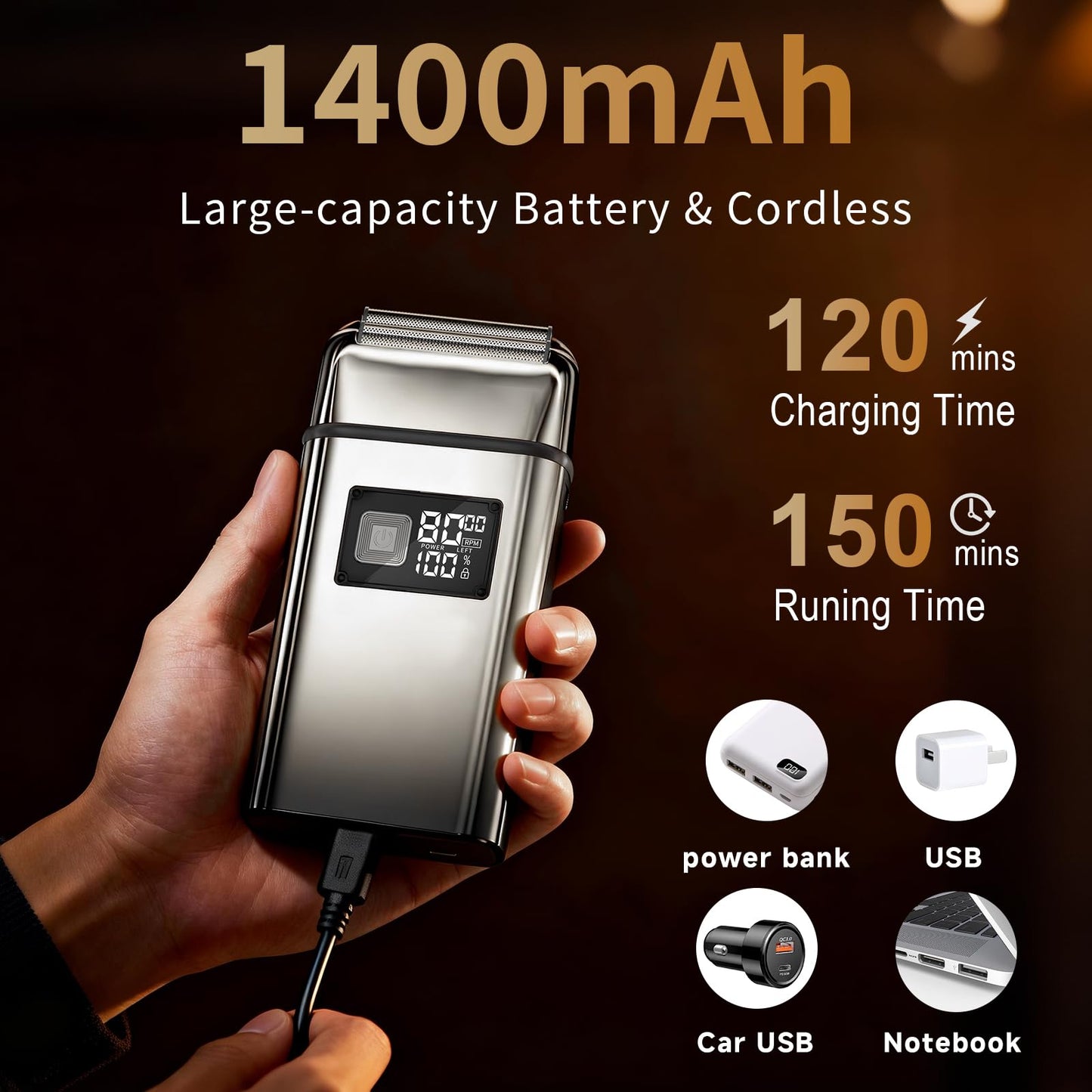 KOMINGDON Electric Foil Shaver for Men,Electric Razor with Pop-up Trimmer,Cordless Beard Trimmer,Waterproof,Wet & Dry Shaving,LED Display,2-Speed Mode (Silver)