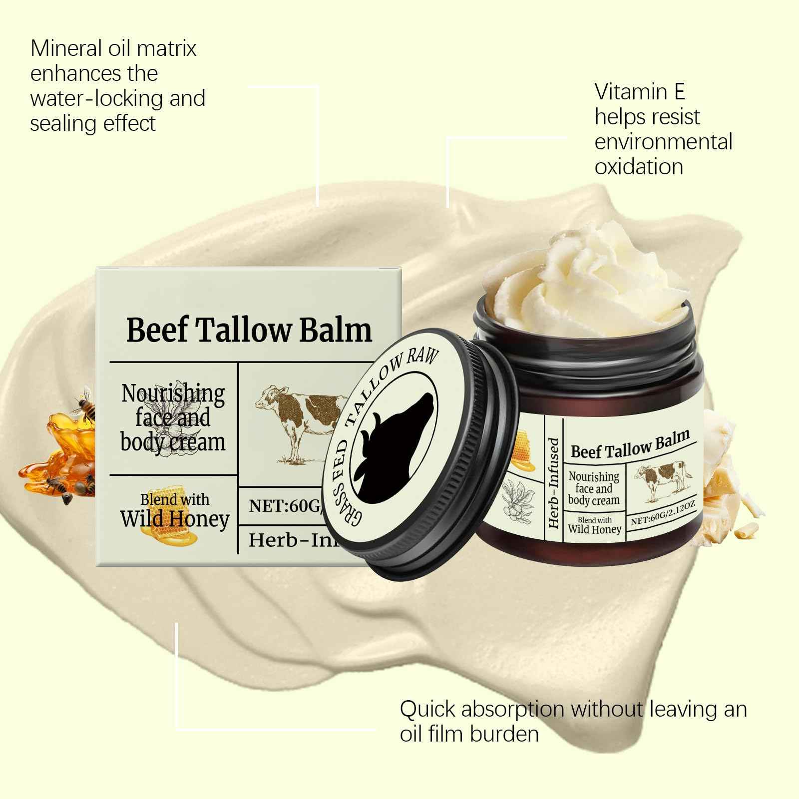 Beef Tallow for Skin Care - Tallow Honey Balm Face Cream | Whipped Body Butter for Dry Skin | Nourishing Face and Body Cream, 60g/2.12oz