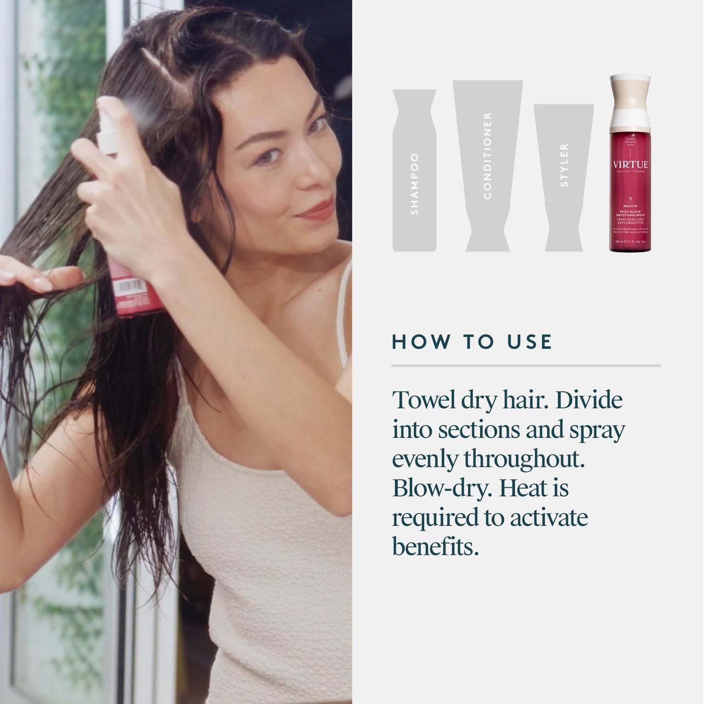 VIRTUE Smooth Spray, Frizz-control,Heat Protectant, UV Protection, 4 Fl Oz