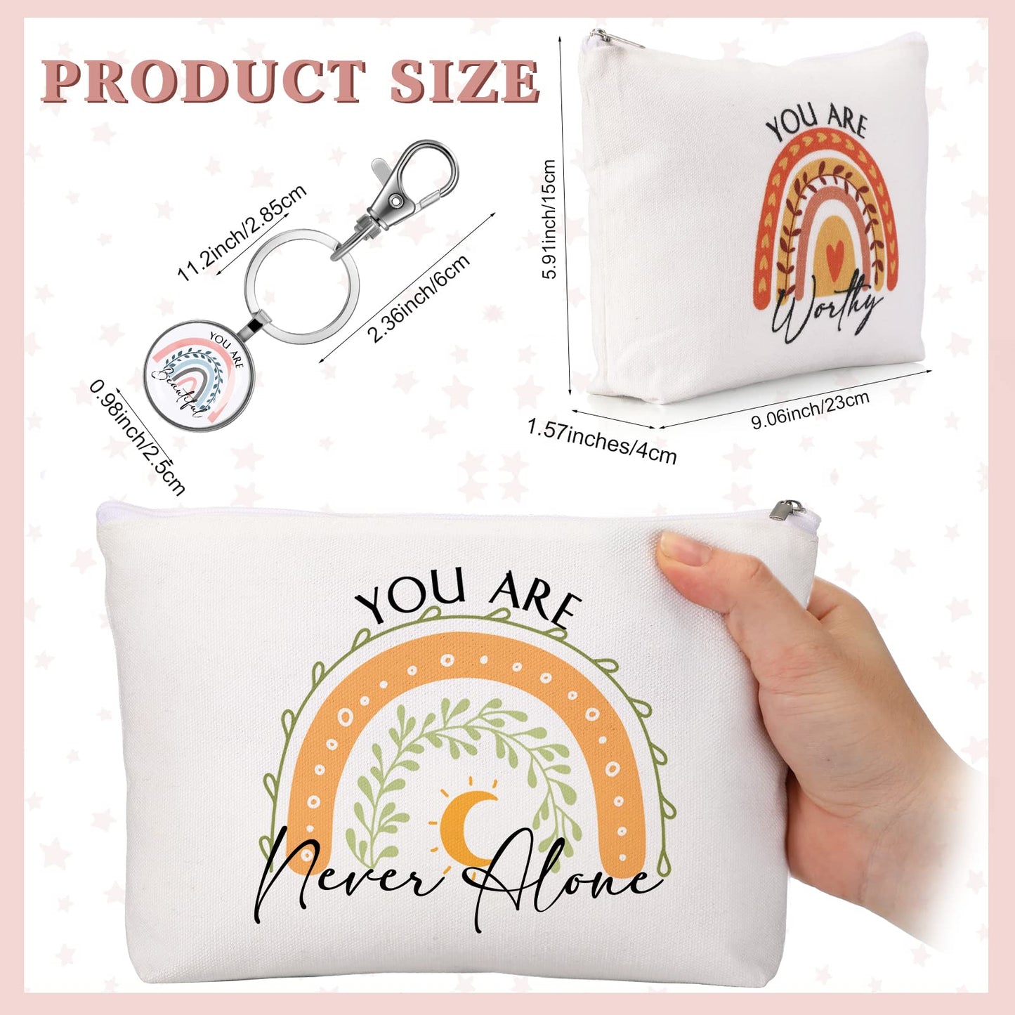 Sieral 20 Pcs Appreciation Gift Bulk for Women Inspirational Canvas Makeup Bag Cosmetic Bag Toiletry Pouch Keychain Return Gift for Employee Coworker Nurse Teacher Birthday Back to School(Rainbow)