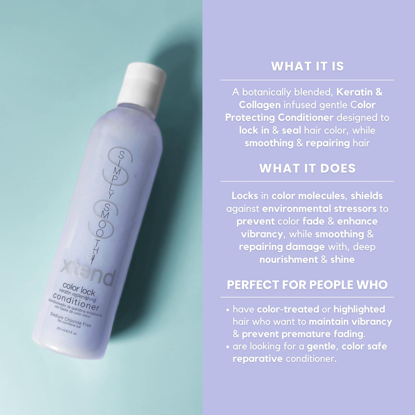 SIMPLY SMOOTH Color Lock Keratin Replenishing Conditioner, 8.5 Fl Oz - Slows Color Fade & Prolongs Hair Service, Sodium Chloride Free, Gently Cleanses, Infused with Collagen, Salon-Quality