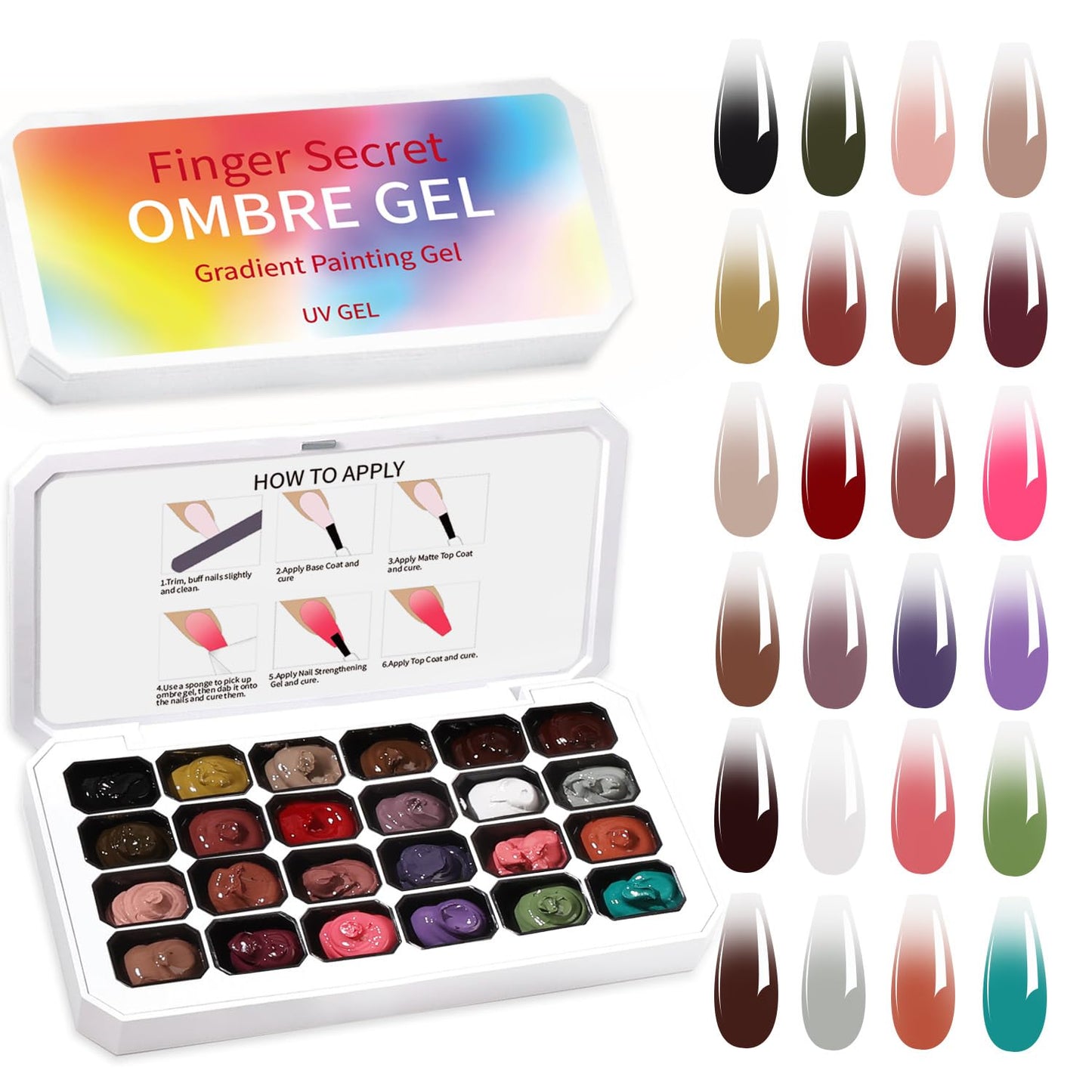 finger secret 24 Colors Ombre Gel Nail Polish Set,Ombre Pigment for Nails,Gradient Painting Blooming Gel with 100Pcs Nail Sponges for 3D Gels Nail Art can be Painted in Salon or Home Use