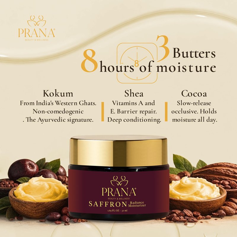 PRANA Saffron Radiance Face Moisturizer – Ayurvedic Hydrating Cream with Saffron, Ashwagandha, Bakuchiol & Shea butter – Daily Moisturizer for Skin Repair & Radiance – Vegan & Cruelty-Free (50ml)