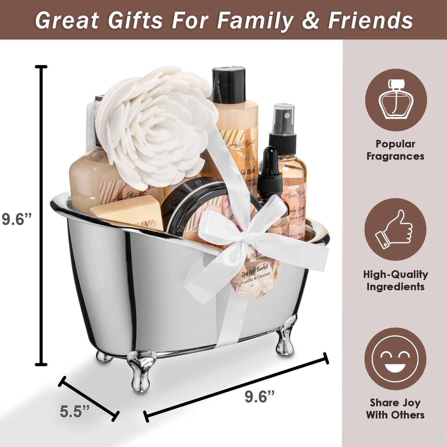 Aqua Elegante Spa Gift Basket For Women - Luxury Bath Set with Wash, Bubbles, Lotion, Body Butter, Soap, Towel, Shower Puff, Reusable Basket, Gifts for Mom, Wife, Girlfriend - Coconut & Vanilla