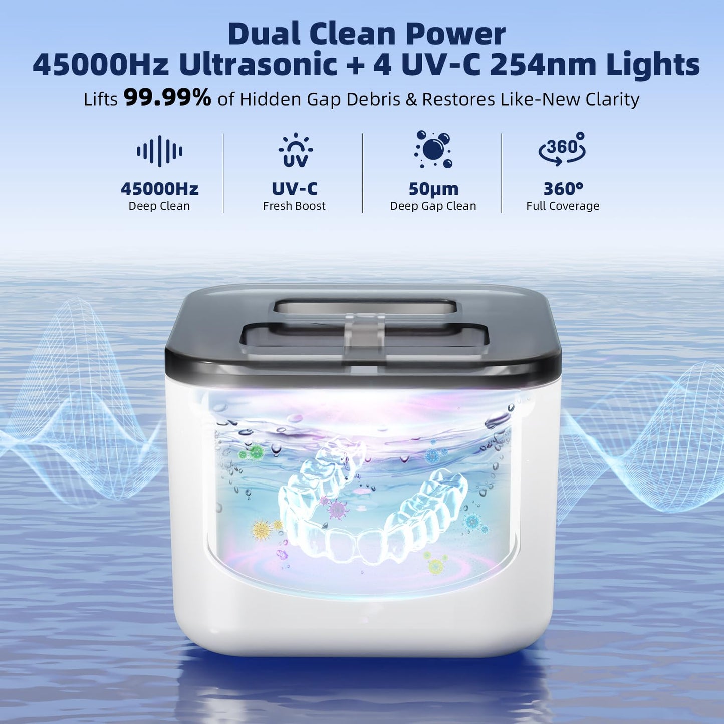 Ultrasonic Retainer Cleaner Machine, Denture Cleaner for Aligners Night Guards Braces Mouth Guards Toothbrush Heads，All-in-One Dental & Jewelry Cleaner, 45kHz 200ML, Dual Modes