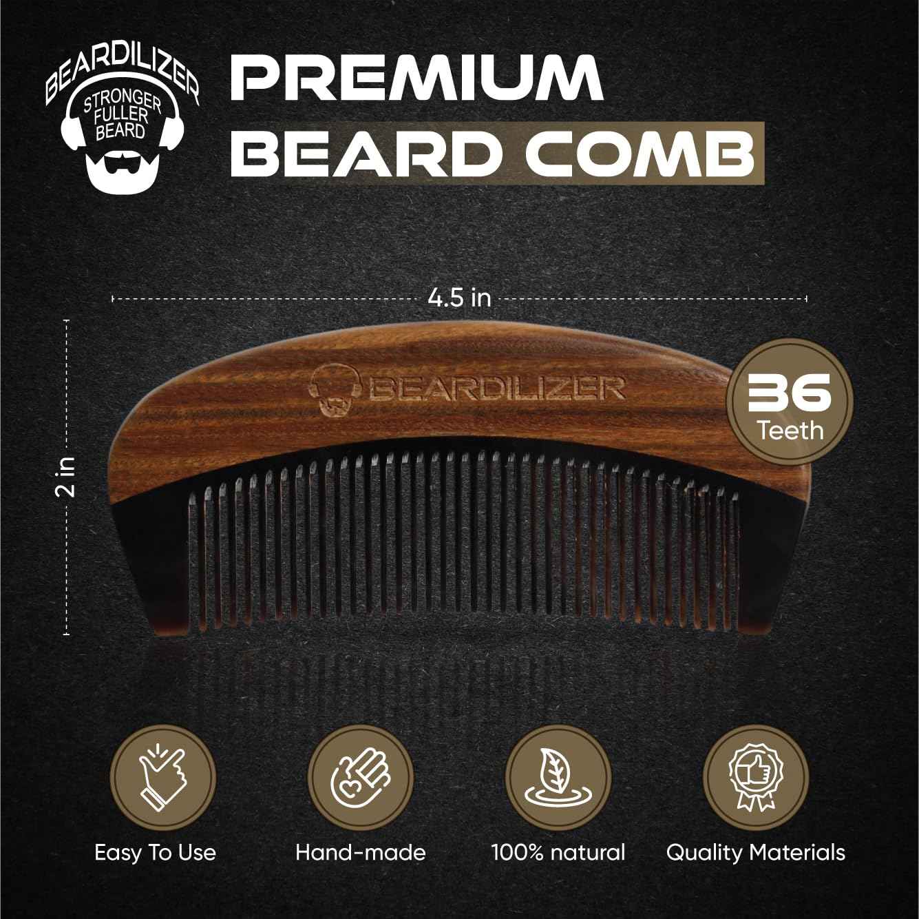 Beardilizer Premium Beard Comb for Men - 100% Natural Black Ox Buffalo Horn & Sandalwood Handle with Carrying Pouch, Professional Anti-Static Fine and Coarse Teeth