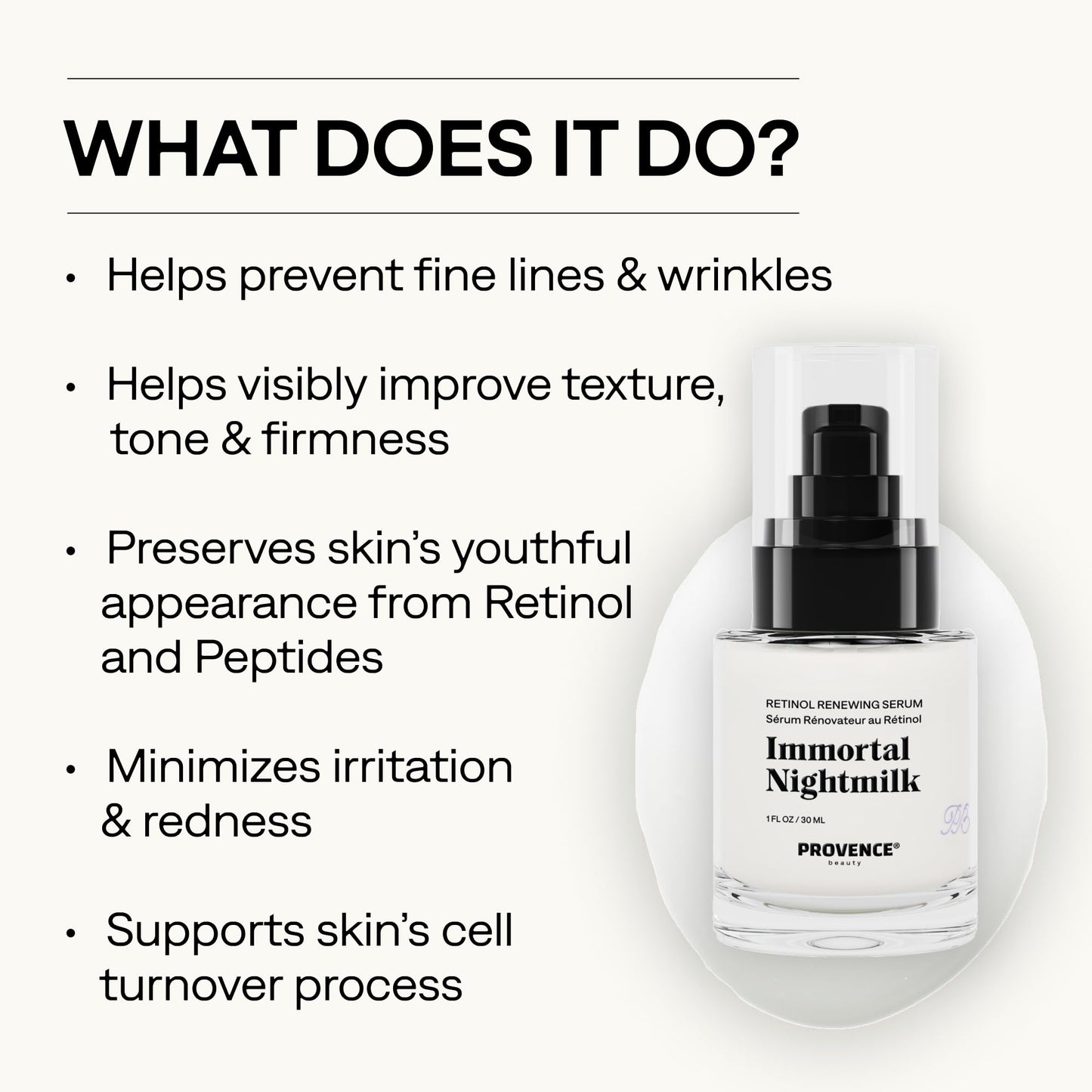 Provence Beauty Immortal Nightmilk Retinol Renewing Face Serum – A Gentle 0.5% Retinol with Niacinamide & P5 Peptide – Smooths Texture, Improves Tone & Firms Skin – 1 fl oz