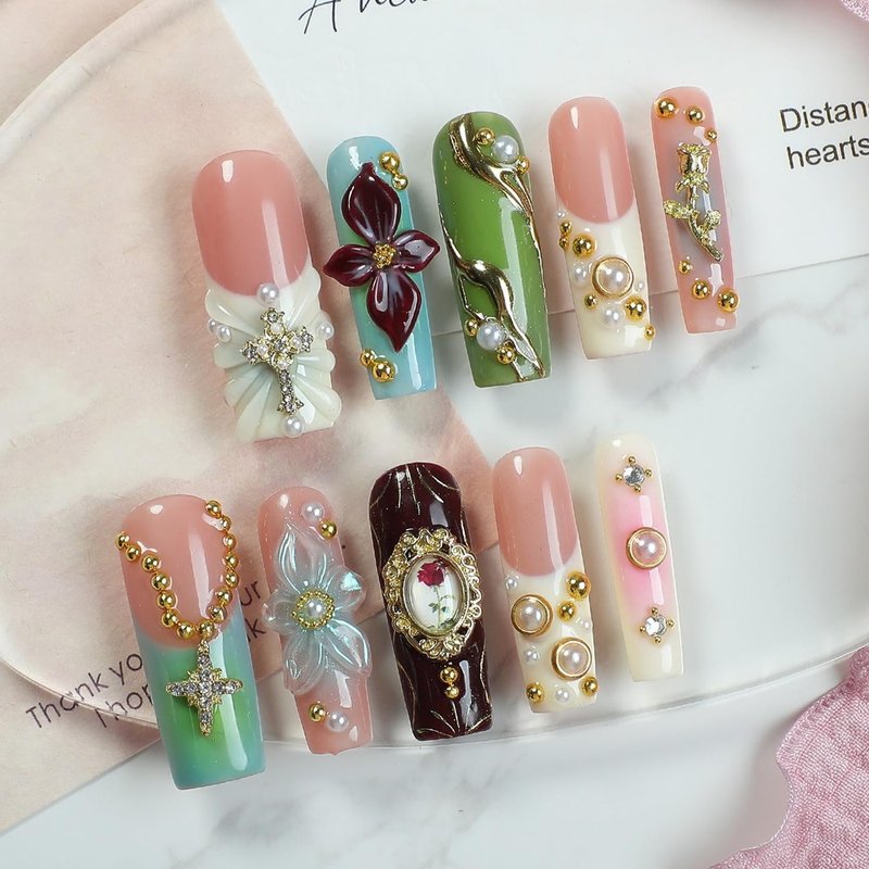Handmade Press on Nails Long Square Fake Nails Luxury Pearl Rhinestone & 3D Flower Art Designs Salon Quality Acrylic Nails French Tip Gold Rose Steel Ball False Nails Stick on Nail for Women（Size M)