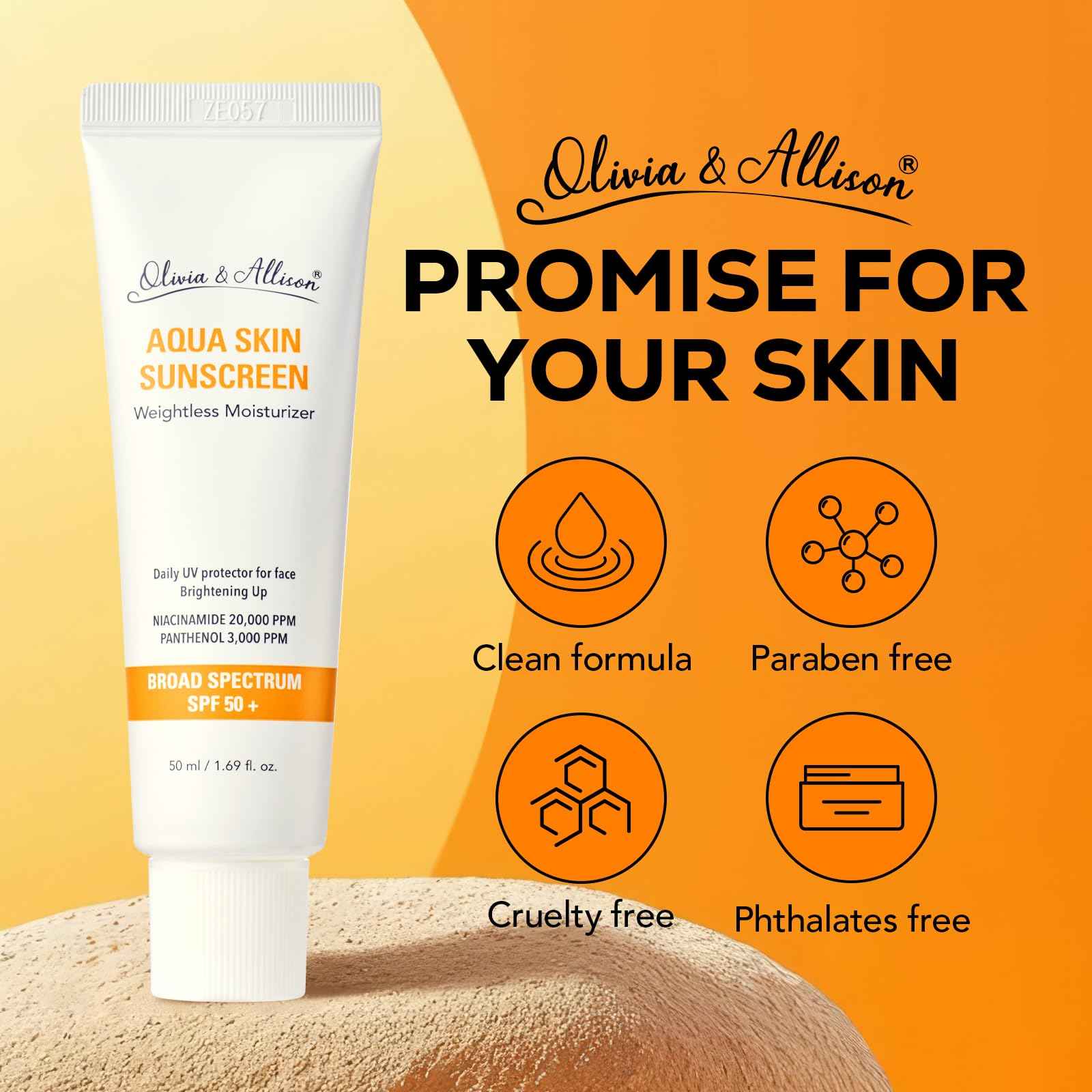 Olivia & Allison Aqua Sunscreen SPF 50+ PA++++ (1.69fl.oz) - Non-Sticky Korean Sunscreen, No White Cast & Invisible