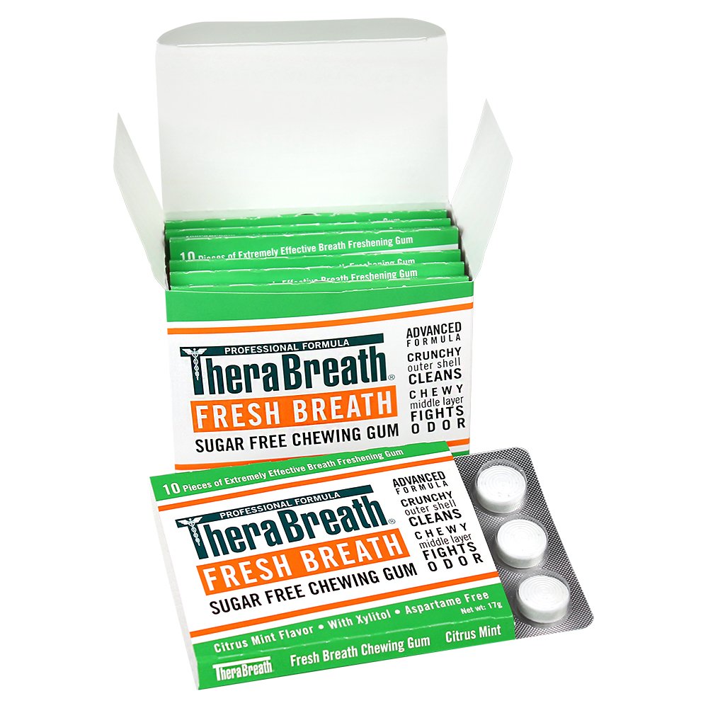 TheraBreath Chewing Gum with ZINC Citrus Mint 10 Count Pack of 6 & Dry Mouth Lozenges with ZINC Tart Berry 100 Lozenges
