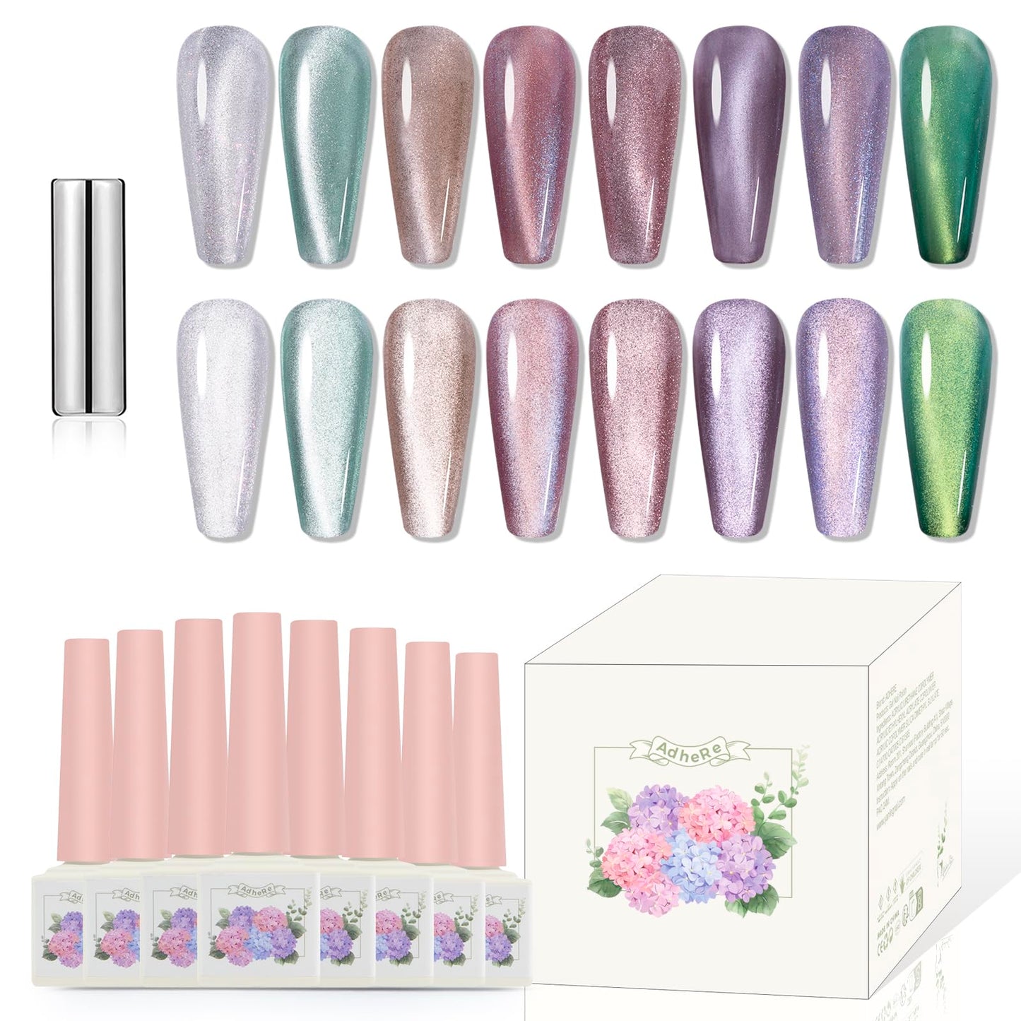 ADHERE 12ml 8pcs Magnetic Cat Eye Gel Nail Polish Kit with Magnetic Stick - Blue Purple Green Mint Silver White Glitter Shining Nail Gel Polish Magnetic Gel Nail Varnish Gel Gift for Women