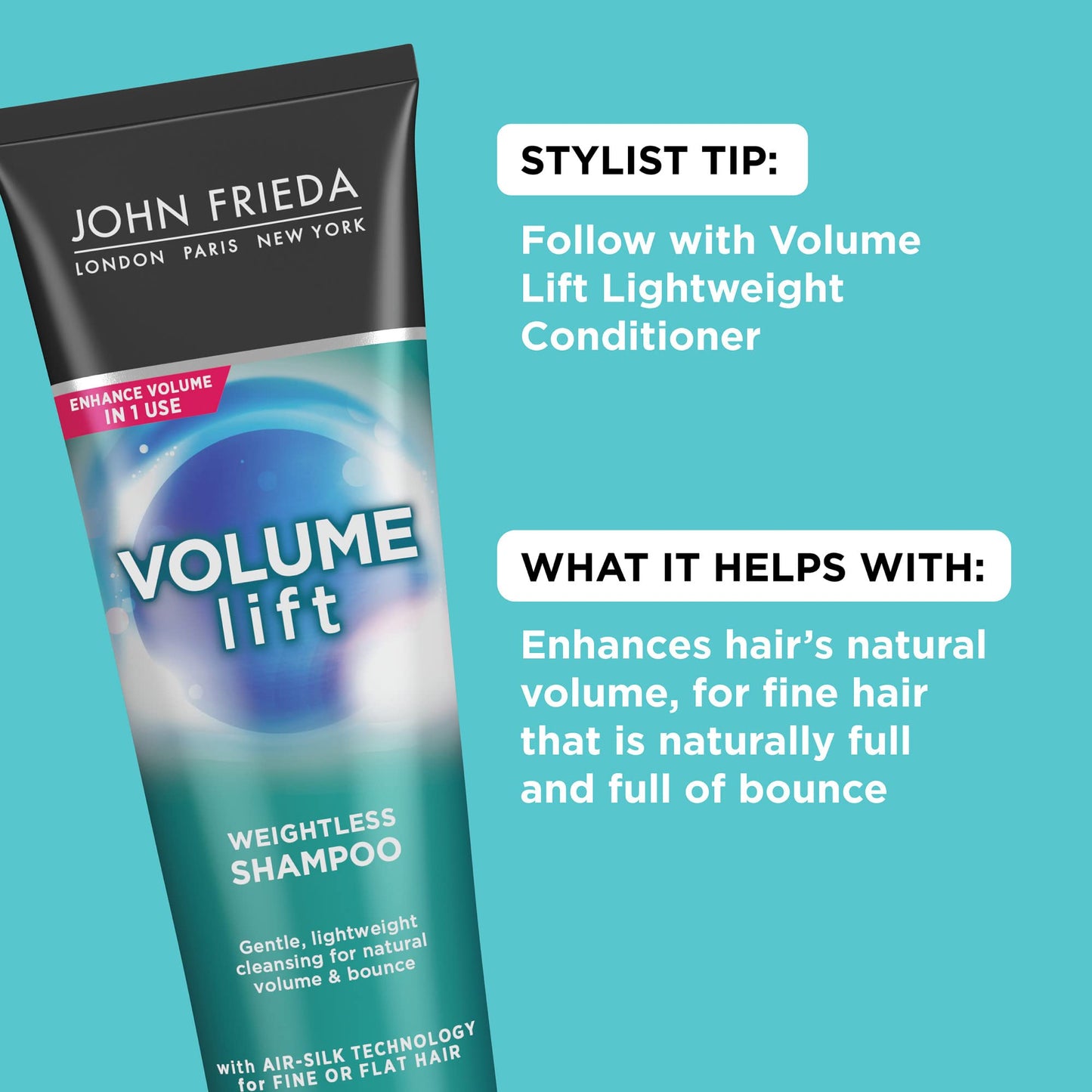 John Frieda Volume Lift Weightless Shampoo, Lightweight Volumizing Shampoo with Air-Silk Technology for Fine or Flat Hair, Adds Natural Fullness, Safe for Color-Treated Hair, 8.45 Oz