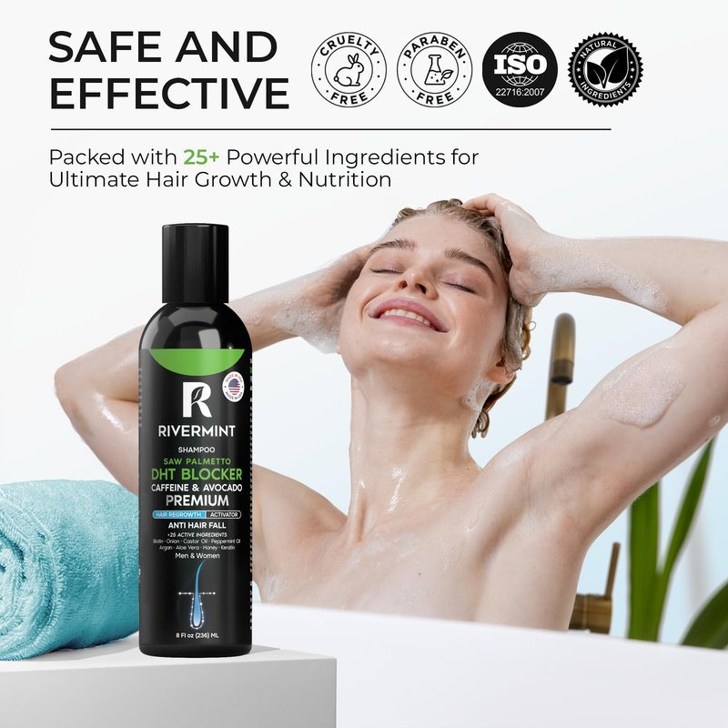 Rivermint Premium Hair Strengthening Shampoo Castor Oil, Biotin, Avocado Oil, Caffeine, Saw Palmetto, Onion, and Redensyl Hair Regrowth & Thickening Support Sulfate-Free, Paraben-Free, for Men & Women