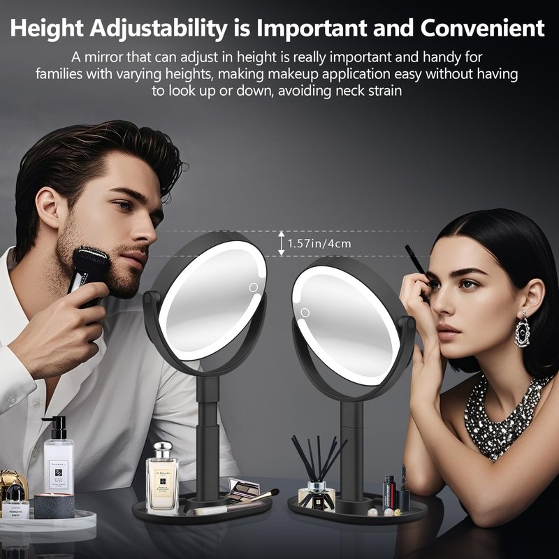 Makeup Mirror with Lights - 30X Magnifying Vanity Mirror | Adjustable Height, 3 Color Modes, 80 LEDs - Black