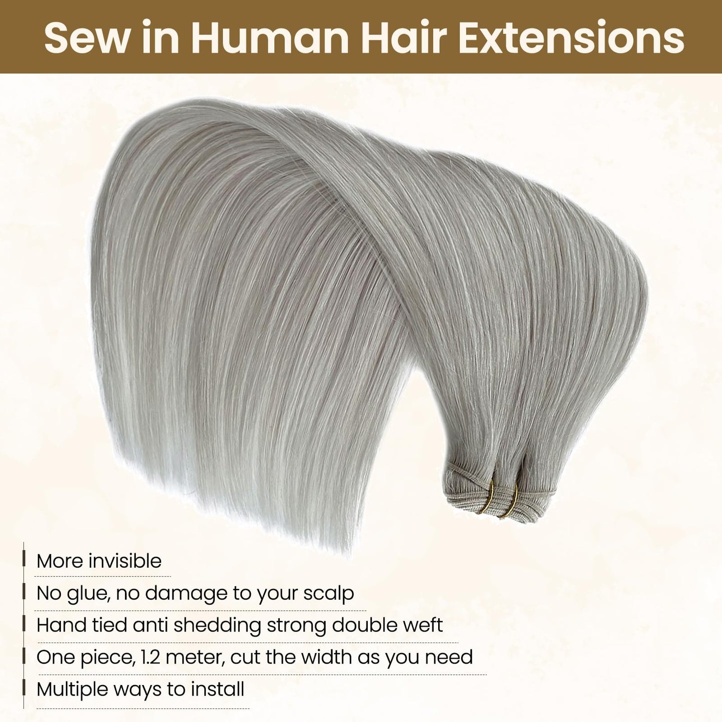 Benafee Sew in Hair Extensions Real Human Hair, Platinum Silver Natural Weft Hair Extensions Remy Hair Weave Bundles 12” 80G Human Hair Weft Extensions Sew in Weave Bundles Brazilian Hair Double Weft