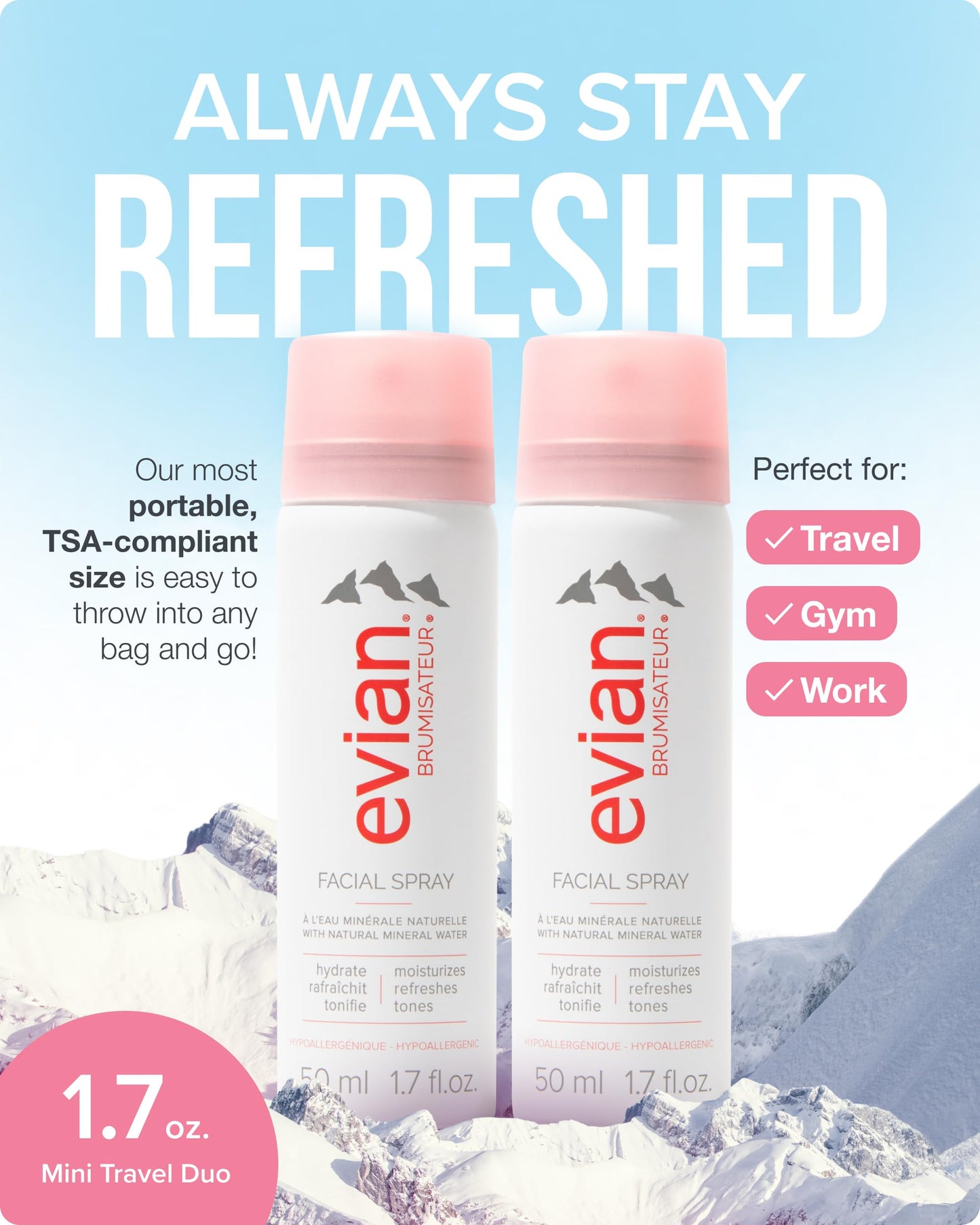 Evian Facial Spray 1.7 oz Travel Duo - Hydrating Mineral Water Mist for Face & Skin - Refreshes Makeup and Tones - TSA-Approved Mini Facial Spray to Hydrate and Soothe Skin On-the-Go