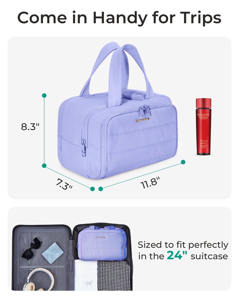BAGSMART Travel Toiletry Bag, Crush Toiletry Bag for Women, Wide-open Puffy Toiletry Bags for Traveling, Large Travel Cosmetic Makeup Bag Organizer for Accessories,Toiletrie, Purple