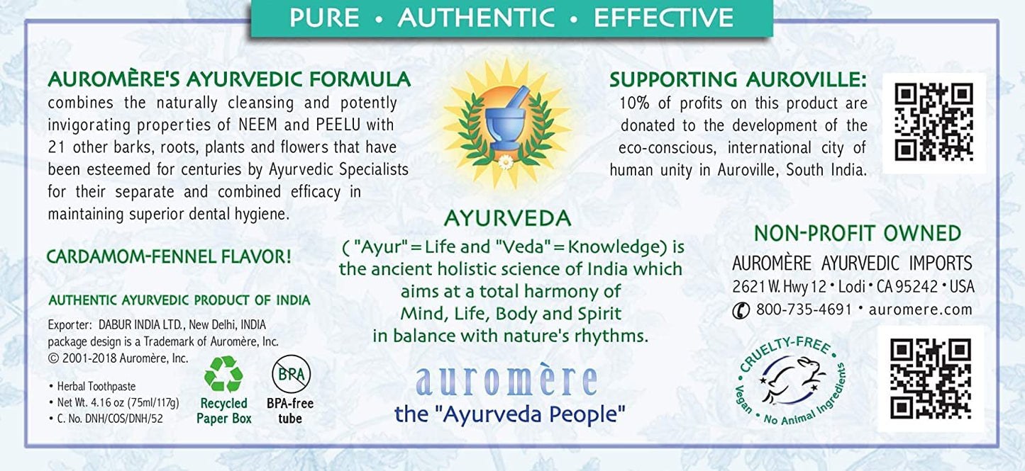 Auromere Ayurvedic Herbal Toothpaste, Cardamom Fennel, Foam Free - Vegan, Natural, Non GMO, SLS Free, Fluoride Free, Gluten Free, with Neem & Peelu (4.16 oz), 3 Pack