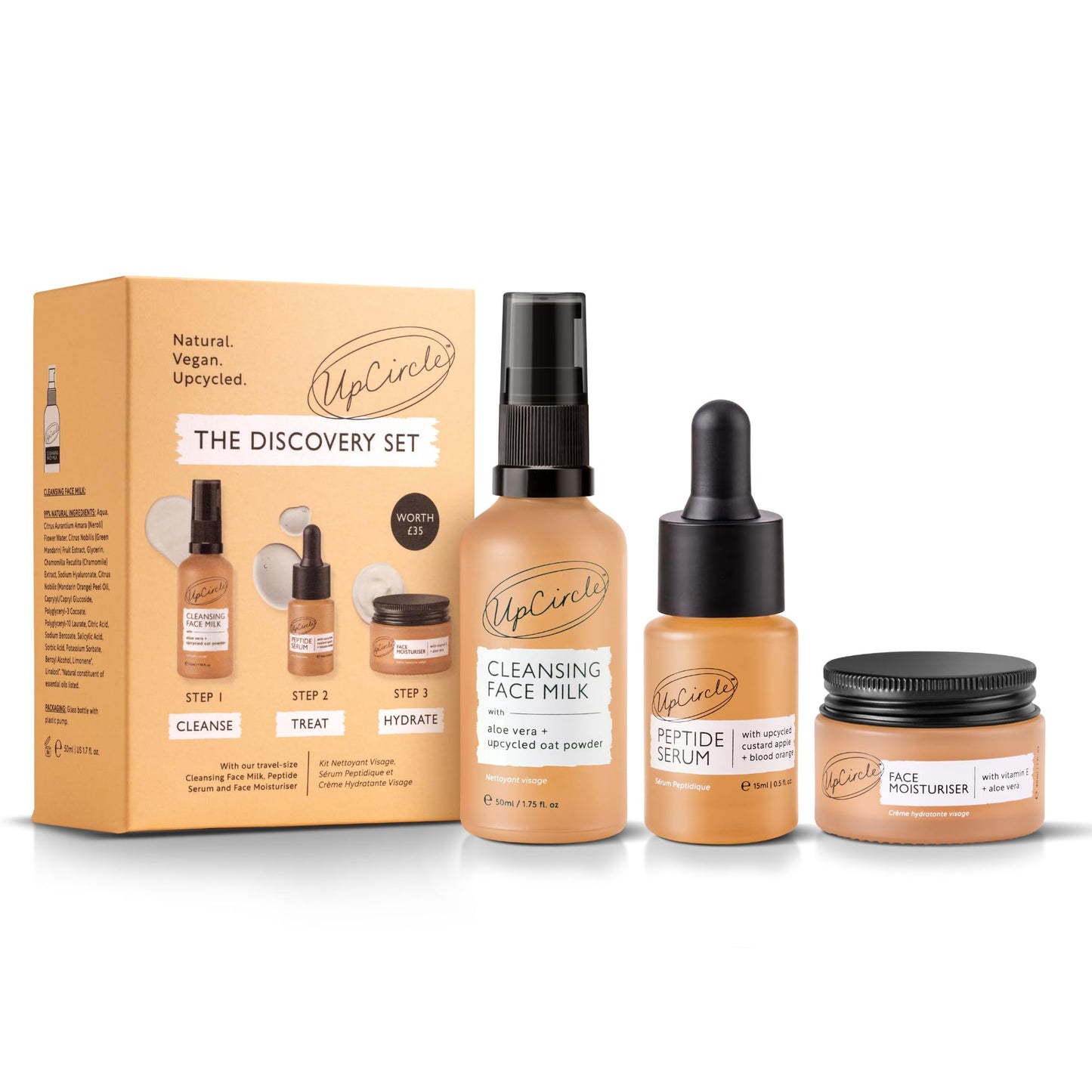 UpCircle Discovery Set – Cleansing Face Milk, Face Moisturizer and Peptide Serum Trio – Vitamin E, Niacinamide + Aloe Vera – Boosts Collagen, Hydrates + Soothes – Vegan + Cruelty-Free