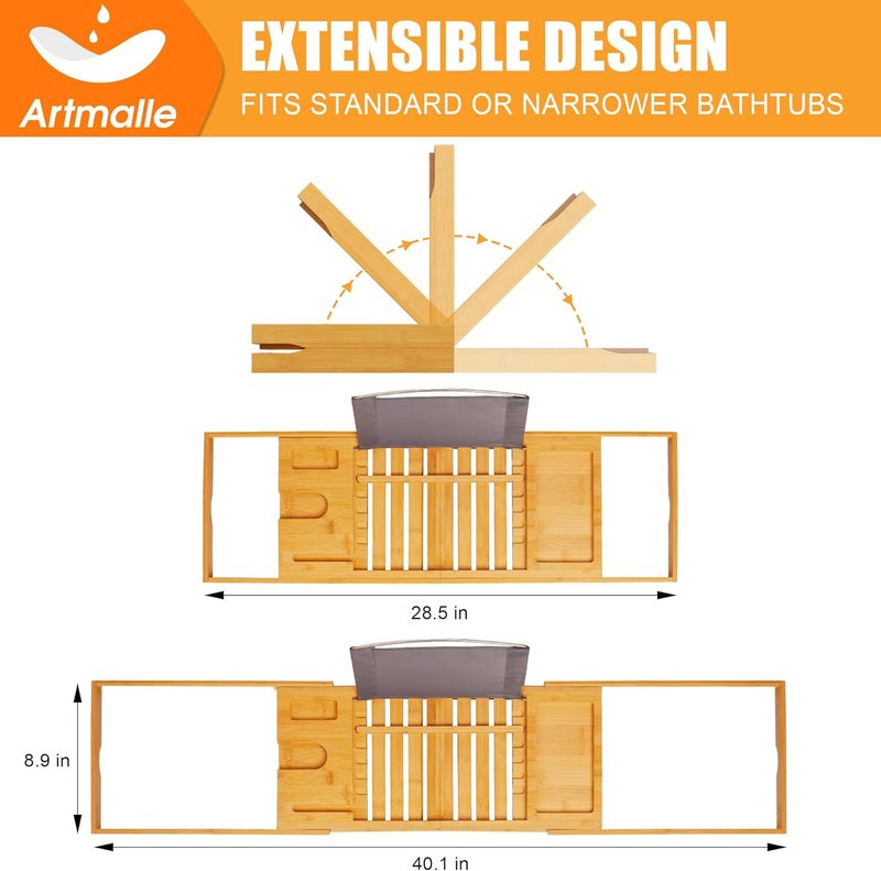 Luxury Bathtub Caddy Tray - Foldable Bamboo Bath Table with Book & Wine Glass Holder | Expandable Spa Accessory