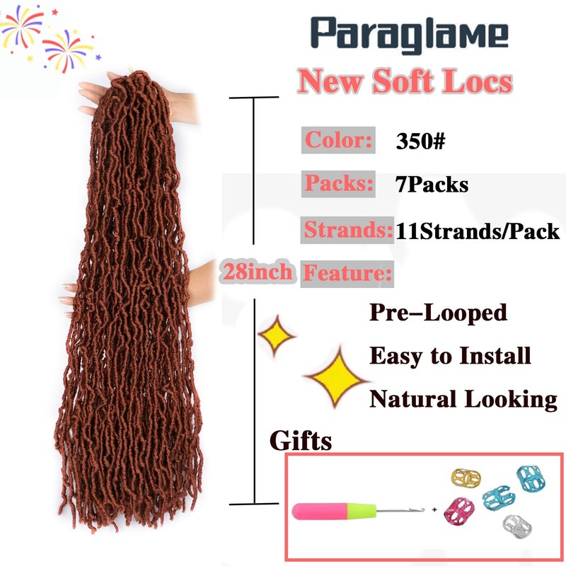 Paraglame 7 Packs Ginger Soft Locs 28 Inch New Faux Locs Crochet Hair 350 Color Pre-looped Curly Wavy Soft Locs, New Goddess Faux Locs Crochet Hair for Women(28Inch, 7Packs)