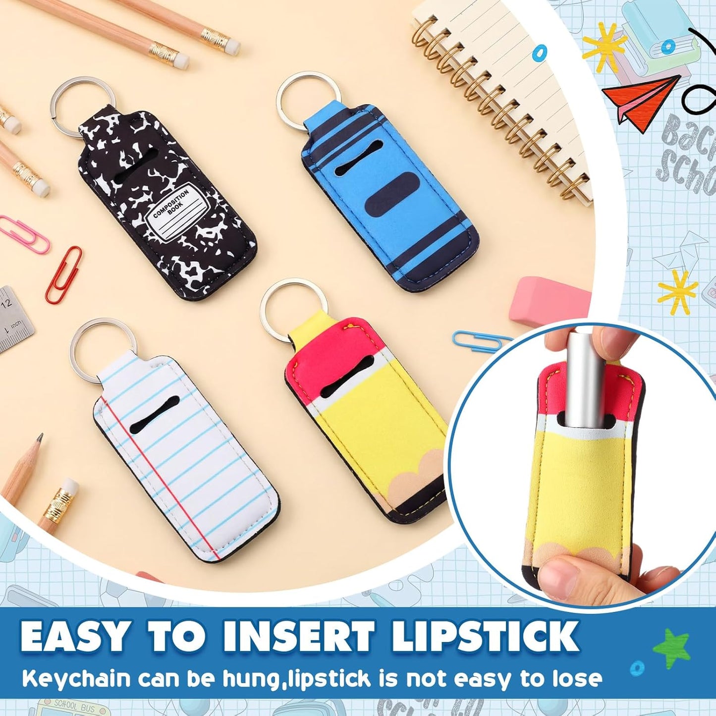 40 Pcs Crayon Pencil Composition Notebook Gift Set - Portable Lip Gloss & Keychain Holder Pouch
