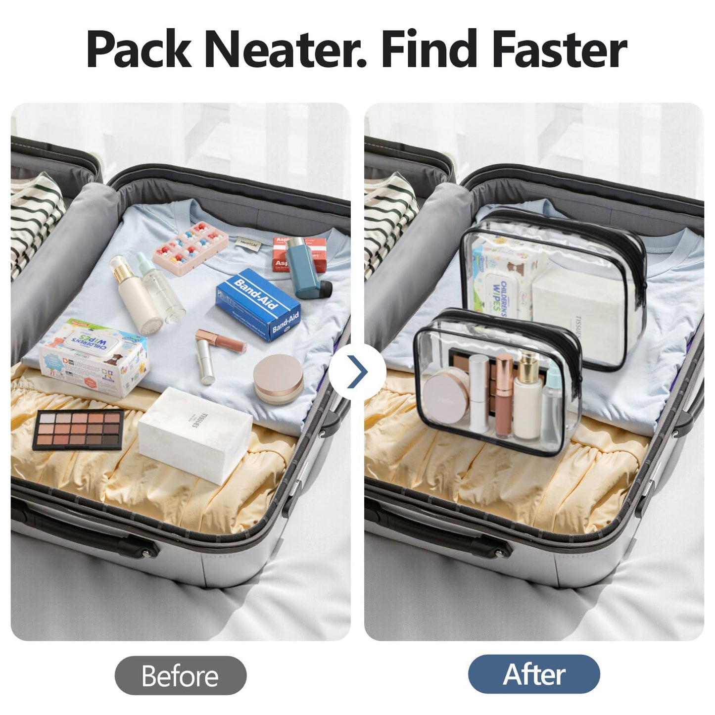PACKISM Clear Makeup Bag for Travel - TSA Approved Toiletry Bag, 2 Black