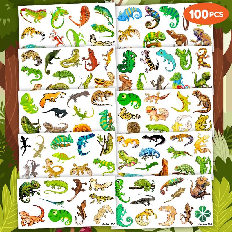 Gecko Lizard Temporary Tattoos - 100 PCS Birthday Party Decorations | Cute Reptile & Chameleon Stickers for Kids