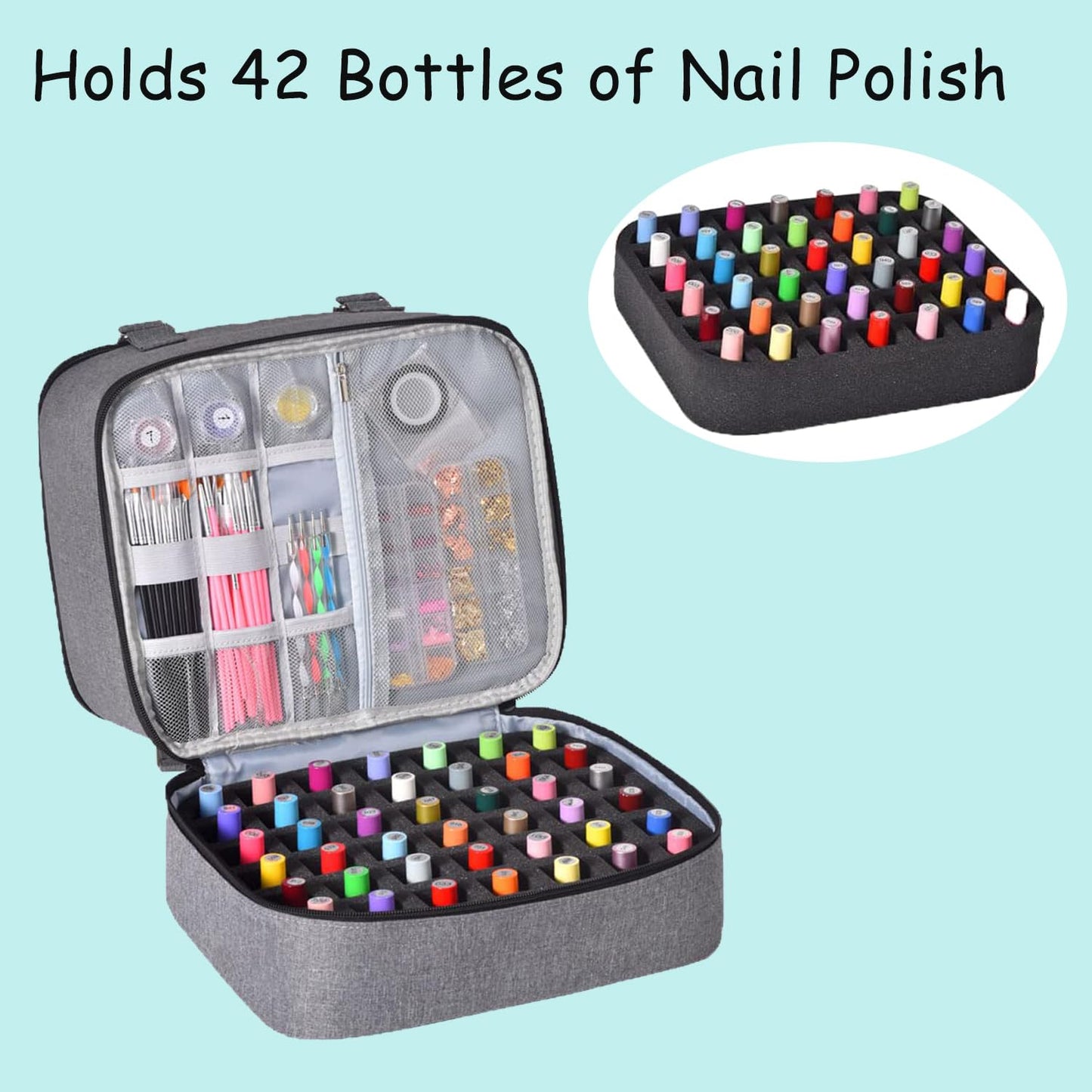 Quoyiyo Nail Polish Organizer - Holds 30 Bottles & Nail Lamp, Double-Layer Nail Organizers and Storage, Nail Polish Bag with Handle Nail Travel Case for Nail Tech (Black)