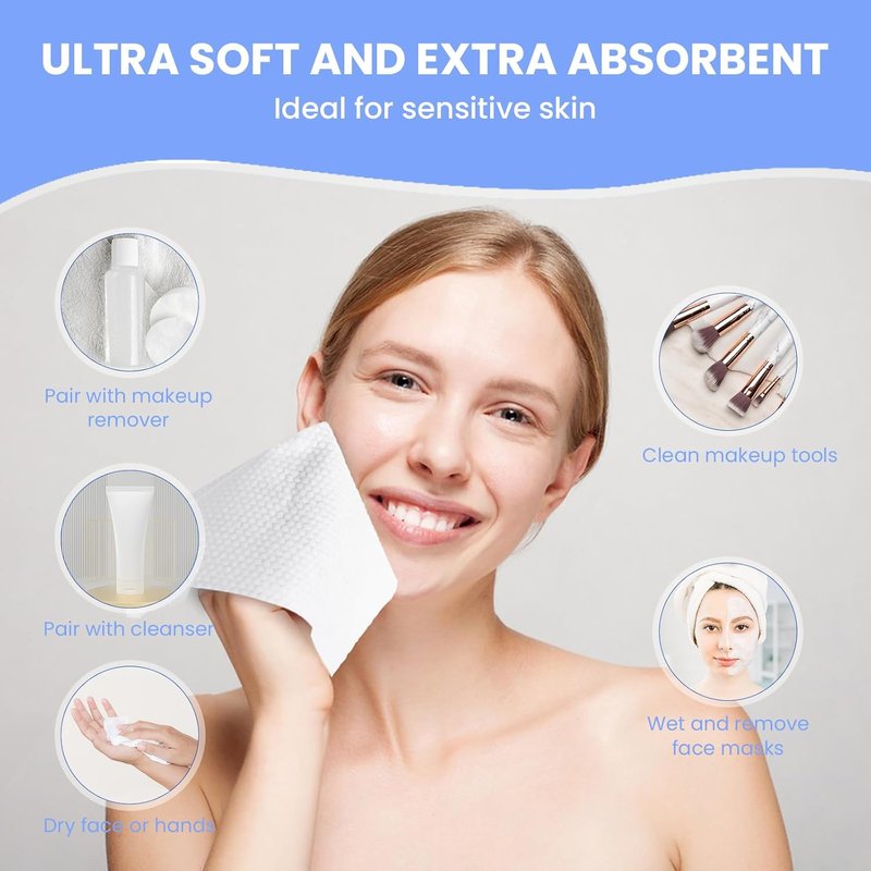 Ultra Soft Daily Cleansing Towels - 100% Organic Viscose | 100 Sheets, Disposable Facial Washcloths for Sensitive Skin
