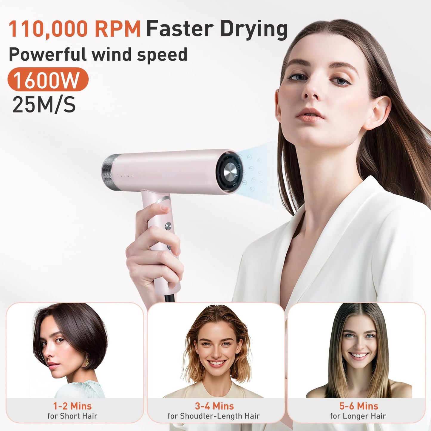TANSHINE Professional Blow Dryer with LED Lights,Ionic Hair Dryer,110000RPM High-Speed Fast Drying Hair Dryer,1600W Quiet Ion Hairdryer with Magnetic Nozzle,Compact Hair Blower for Salon Travel,Grey