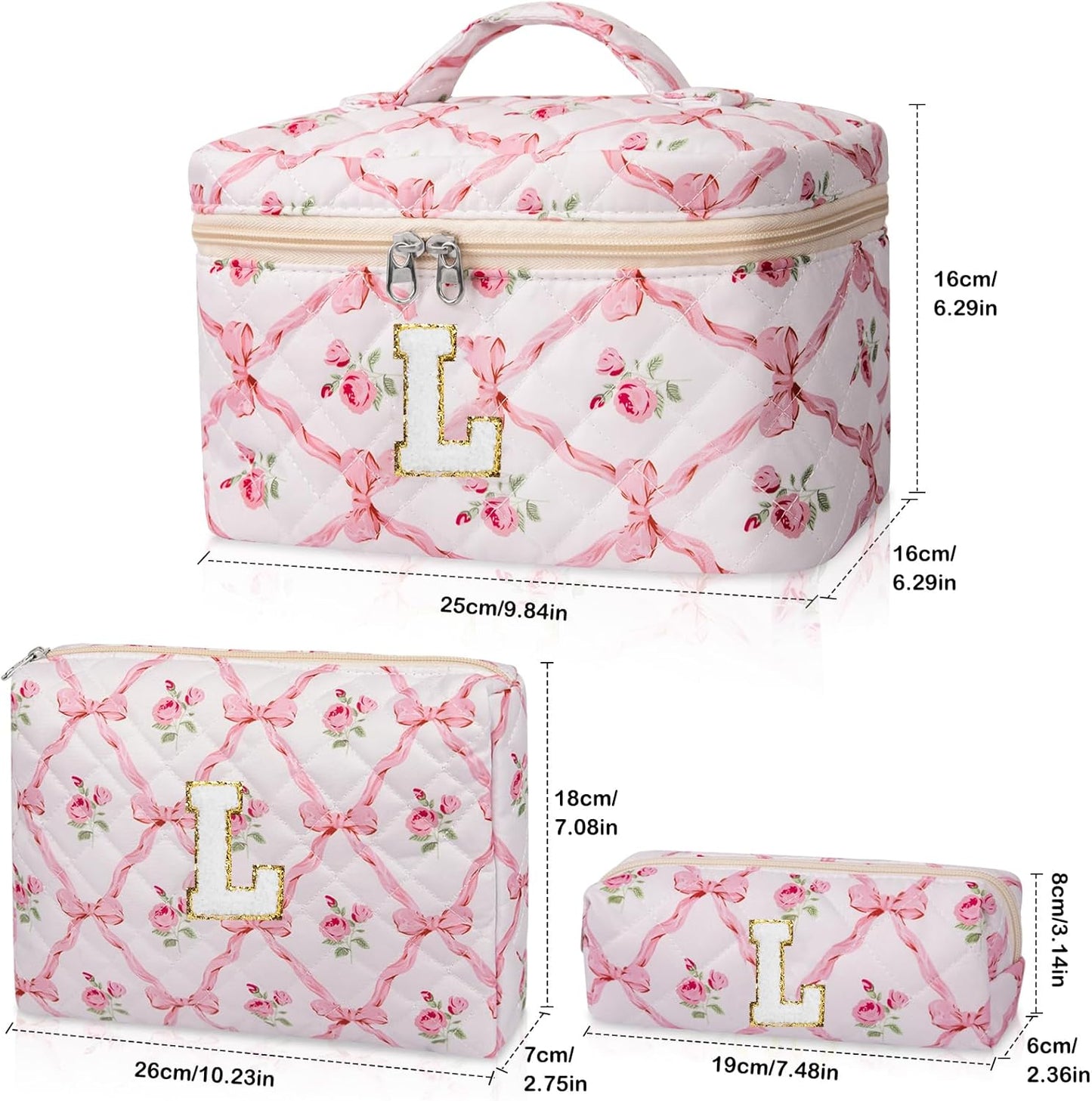 Personalized Initial Makeup Bag Set - Large Floral Quilted Cosmetic Bag for Women | Cute Cotton Travel Toiletry Bag