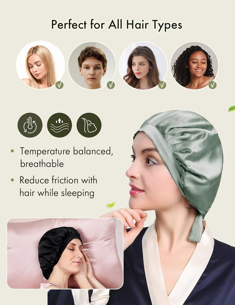 LilySilk 100% Mulberry Silk Bonnet - Adjustable Sleep Cap for Hair Protection | Avocado Green