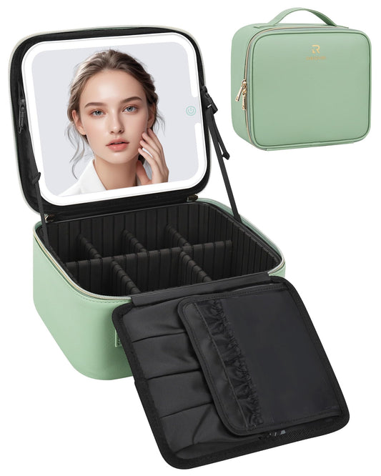 Relavel Makeup Bag With Light Up Mirror, Travel Cosmetic Case With Brush Organizer Storage Box, Rechargeable Vanity With 3 Color Lights, High Frame Protection (Green)