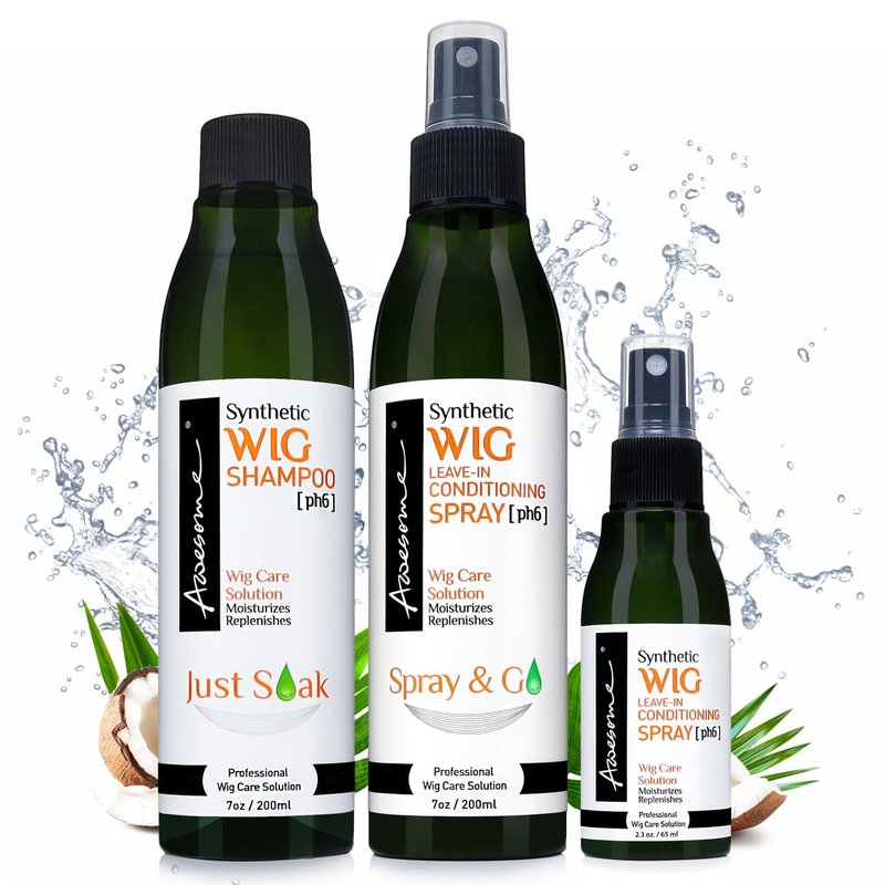 Awesome Synthetic Wig Shampoo & Leave in Conditioner Spray, Premium Set of 3, pH6, Replenishes & Easy Combing, Contains Coconut Oil (7 Fl Oz x2, 2.3 Fl Oz travel size)