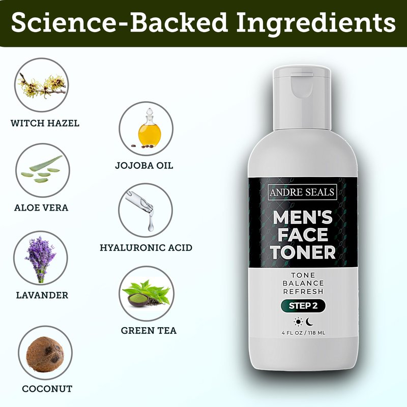 Andre Seals Face Toner for Men | Organic Witch Hazel, Hyaluronic Acid & Green Tea | Pore Minimizer, Hydration, Astringent, Face Tightener, Hydrating Toner, Oil Control, | Facial Toner & Men Skin Care