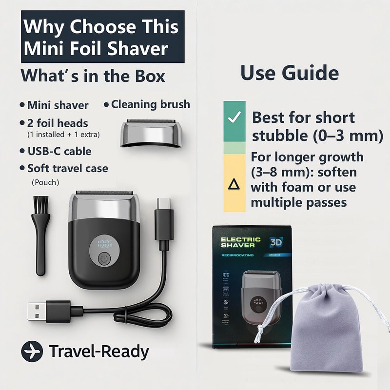 Mini Triple Foil Shaver for Men: Electric Razor｜Ergonomic Grip｜IPX7 Waterproof｜120min Runtime｜Fast USB-C Charge｜Perfect Gift for Travel Business Trip
