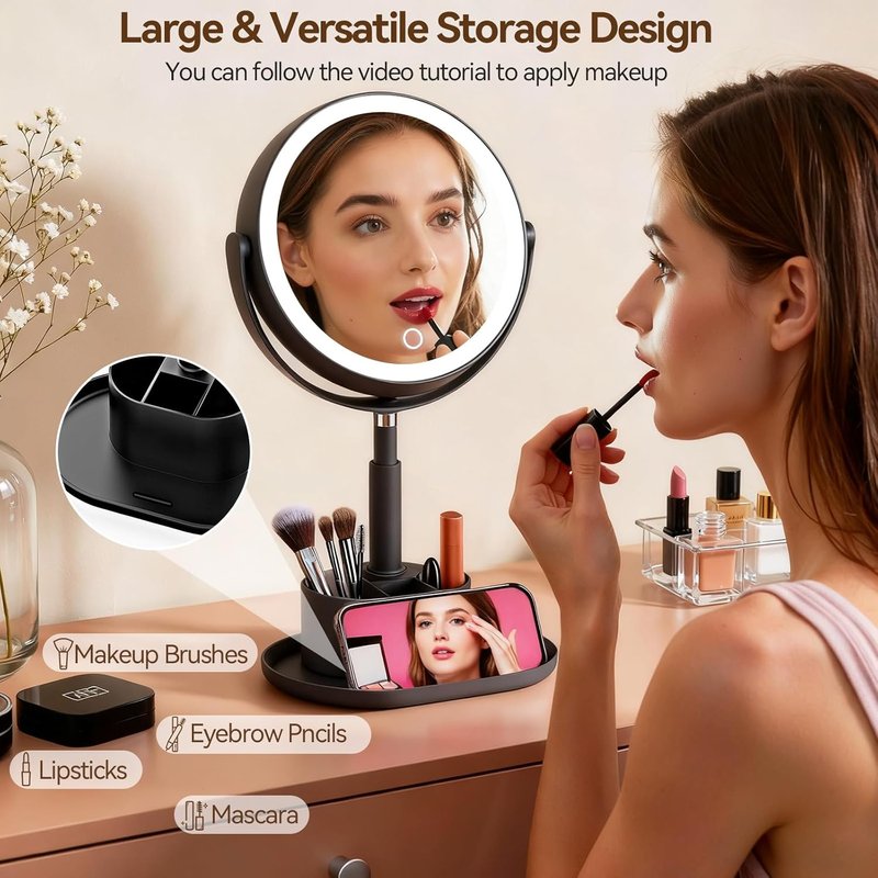 Shinowa Makeup Mirror - 1X/20X Lighted Magnifying Vanity Mirror with Storage & 3 Color Lights | Adjustable Height, 360° Rotation, Rechargeable, Black