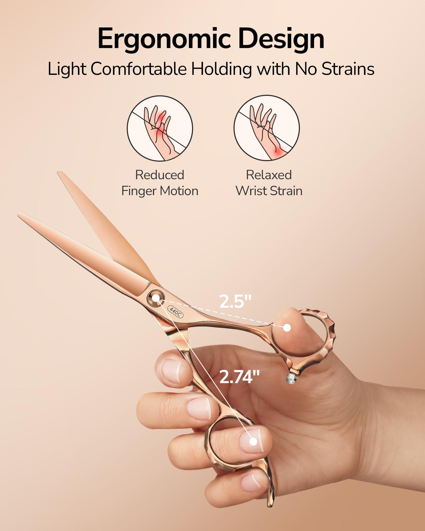 ULG Professional Hair Cutting Scissors with Luxury 18K Rose Gold Finish 6.5" Barber Scissors 440C Japanese Stainless Steel Hand-Honed Razor Sharp Blades Offset Handles Tension Adjustable, Right-Handed