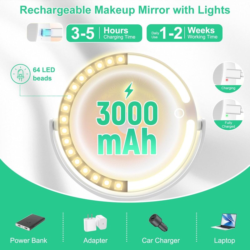 20X/1X Magnifying Makeup Mirror with Lights, Double-Sided Home Vanity Mirror with 3 Color Brightness Adjustable, 360° Rotation, Adjustable Height, Rechargeable, Phone Holder and Storage Tray