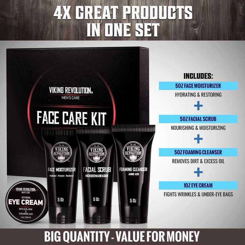 Viking Revolution Men's Facial Skin Care Kit | Moisturizer, Scrub, Cleanser & Eye Cream - 5oz Each, 1oz Eye Cream