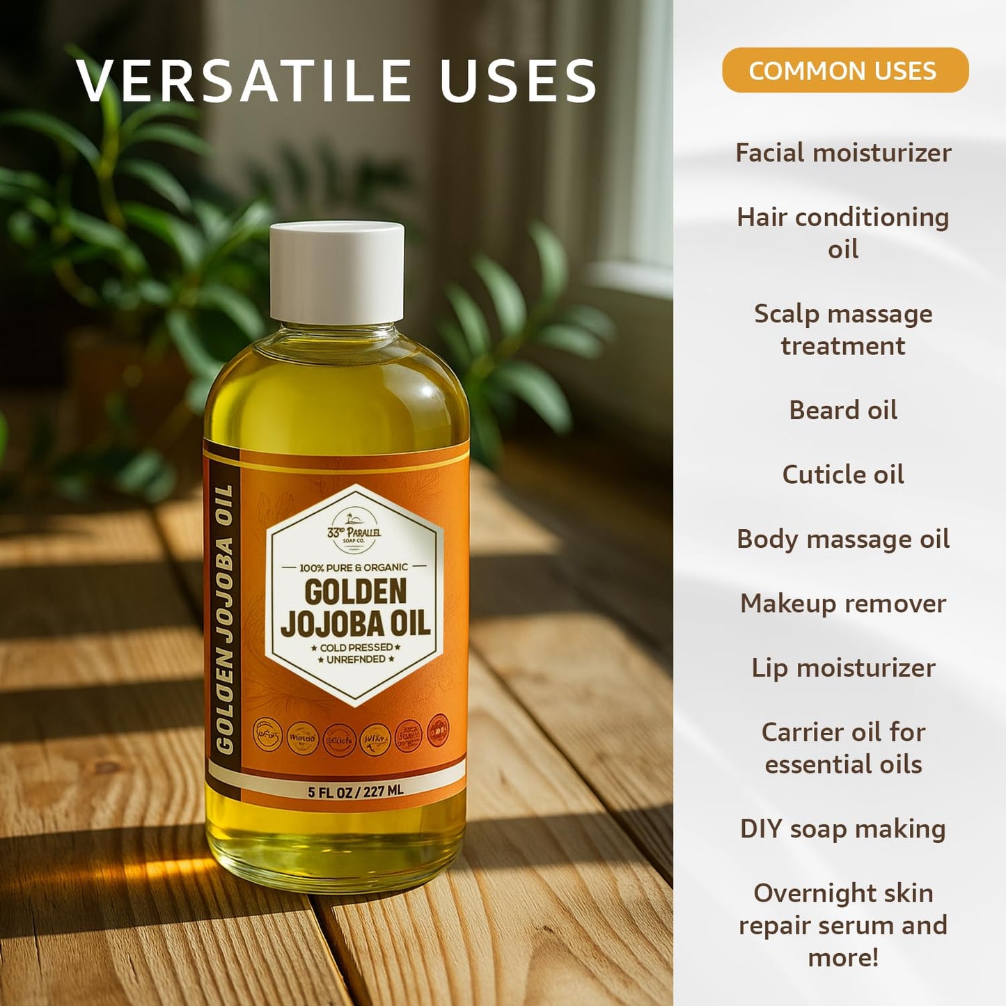 33rd PARALLEL | Golden Jojoba Oil (32 oz) Cold Pressed & Unrefined; Non-GMO; 100% Pure & Natural Hexane Free | Moisturizing Oil for Skin, Face, Hair & Nails | 32 FL OZ