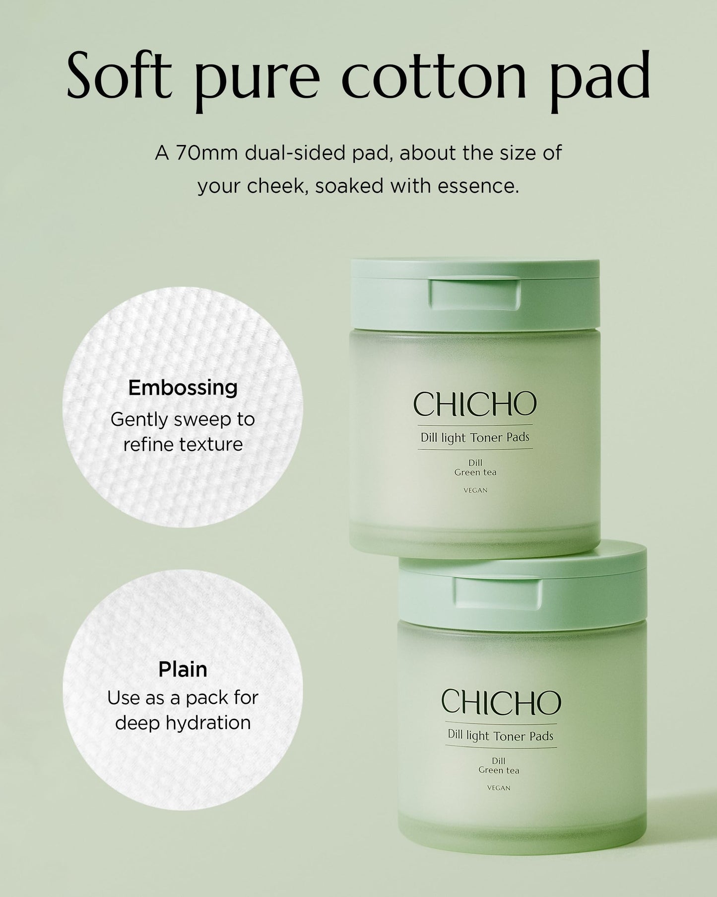 CHICHO Dill Light Toner Pads (80 Pads) – Jumbo 7cm OEKO-TEX Standard 100 Class I 100% Cotton Dual-Sided Pads for Rough Texture & Makeup Prep – 82.9% Dill Extract, Face Exfoliating and Moisturizing
