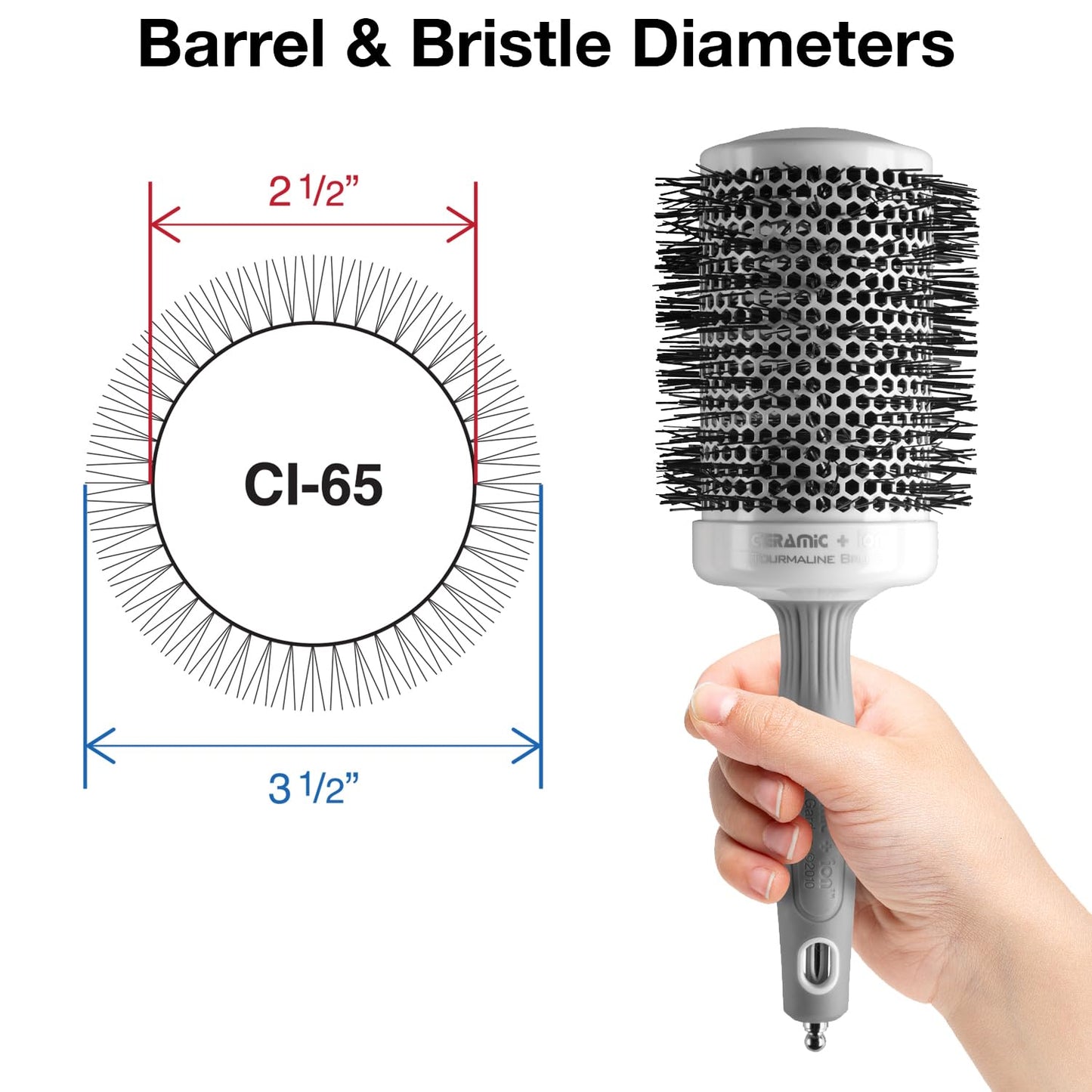 Olivia Garden Ceramic + Ion Round Thermal Hair Brush - Not Electrical - Professional Blowout Brush for Normal to Thick Hair - 3.5"-Diameter Barrel - White and Grey - CI-65