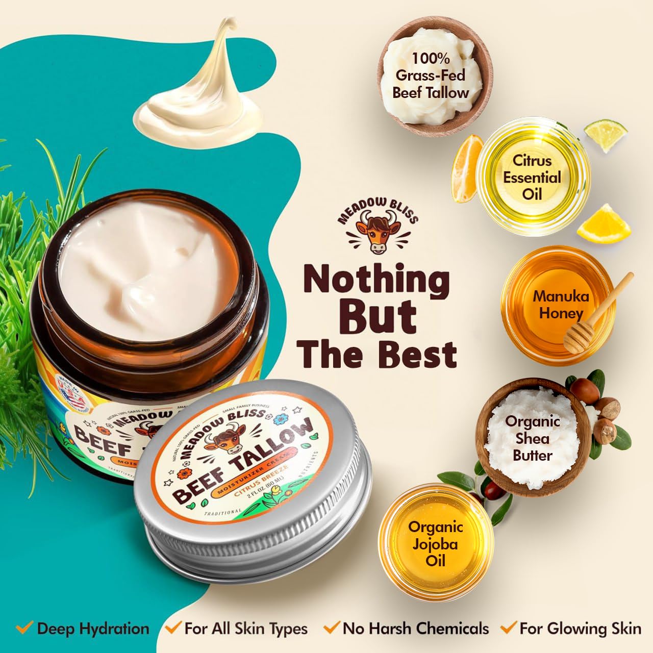Meadow Bliss Beef Tallow for Skin - Moisturizer Cream - 100% Grass Fed - Whipped Beef Tallow - Manuka Honey - Organic Jojoba Oil, Shea Butter - Supports Eczema, Rosacea - USA - Citrus Breeze - 4 oz