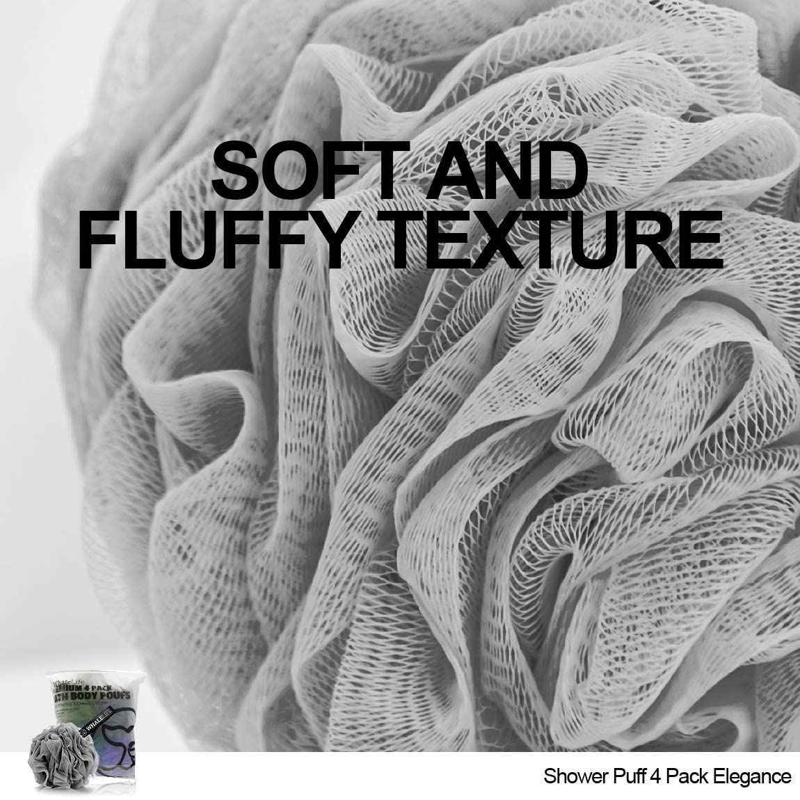 Shower Caps 4 Pack Black and Elegance Bath Sponge 4 Pack Shower Loofahs Mesh Pouf and Double Large Waterproof Bath Caps for Hair