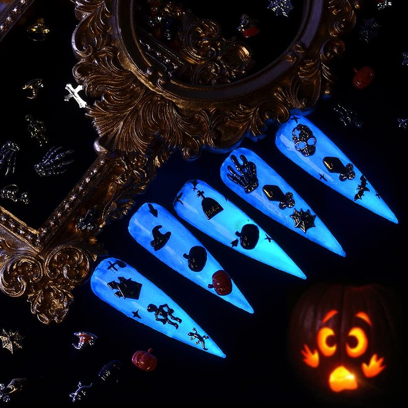BAIYIYI Halloween Nail Charms - 24 Styles/Box Metallic Nail Studs & Rhinestones DIY Decorations